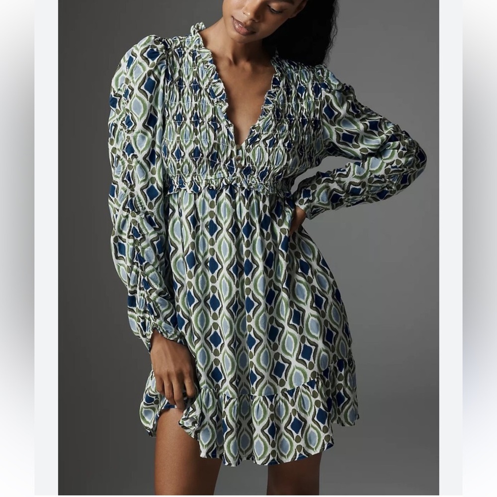 Anthropologie Long-Sleeve V-Neck Ruffle Mini Dress Blue Green Geometric Smock-S